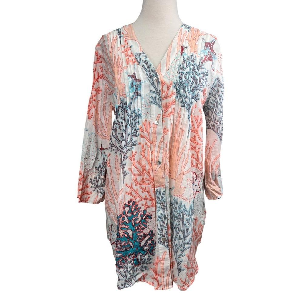 Soft Surroundings Mahla Coral Reef‎ Tunic Beaded Sequin Ocean Small Blue White